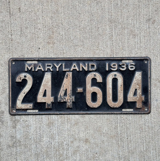 Photo of a 1936 Maryland License Plate Auto Tag Garage Decor Vintage Black 244 604