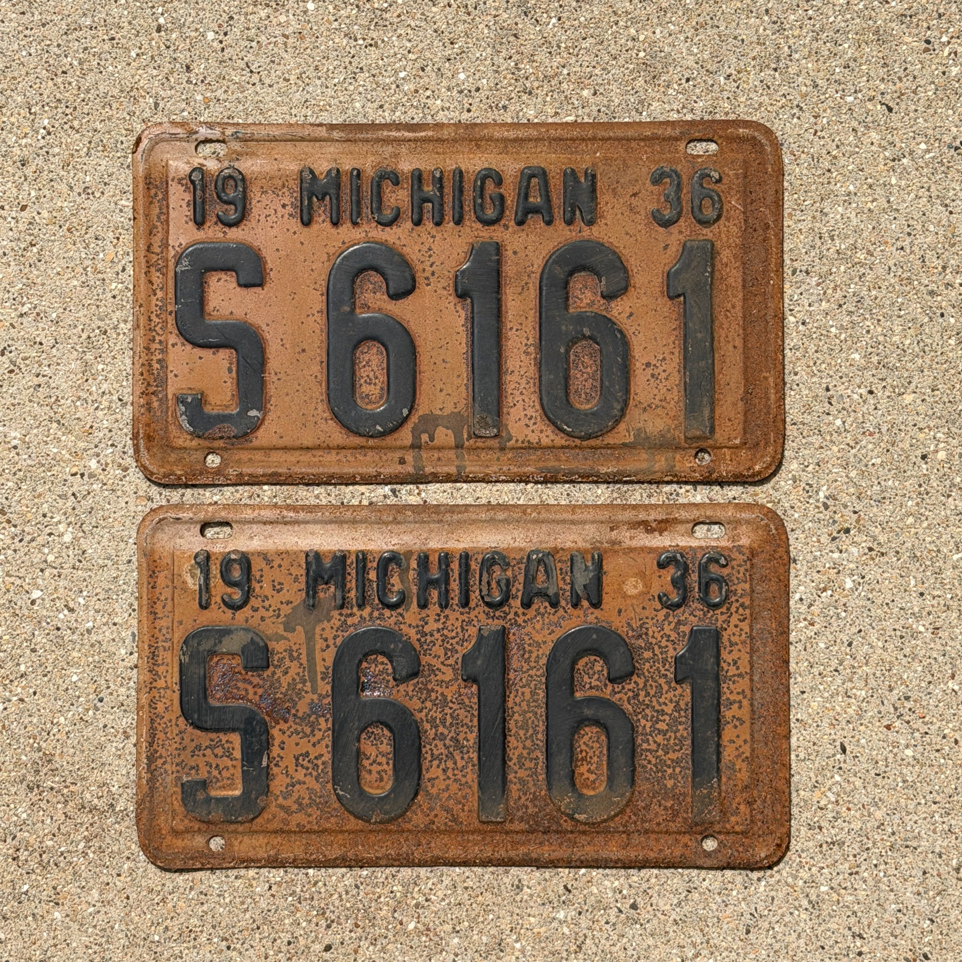 Photo of a 1936 Michigan License Plate Pair Auto Tag Garage Decor Vintage Repeat Repeating S 6161 with original patina