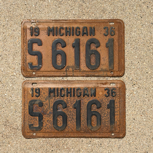 Photo of a 1936 Michigan License Plate Pair Auto Tag Garage Decor Vintage Repeat Repeating S 6161 with original patina