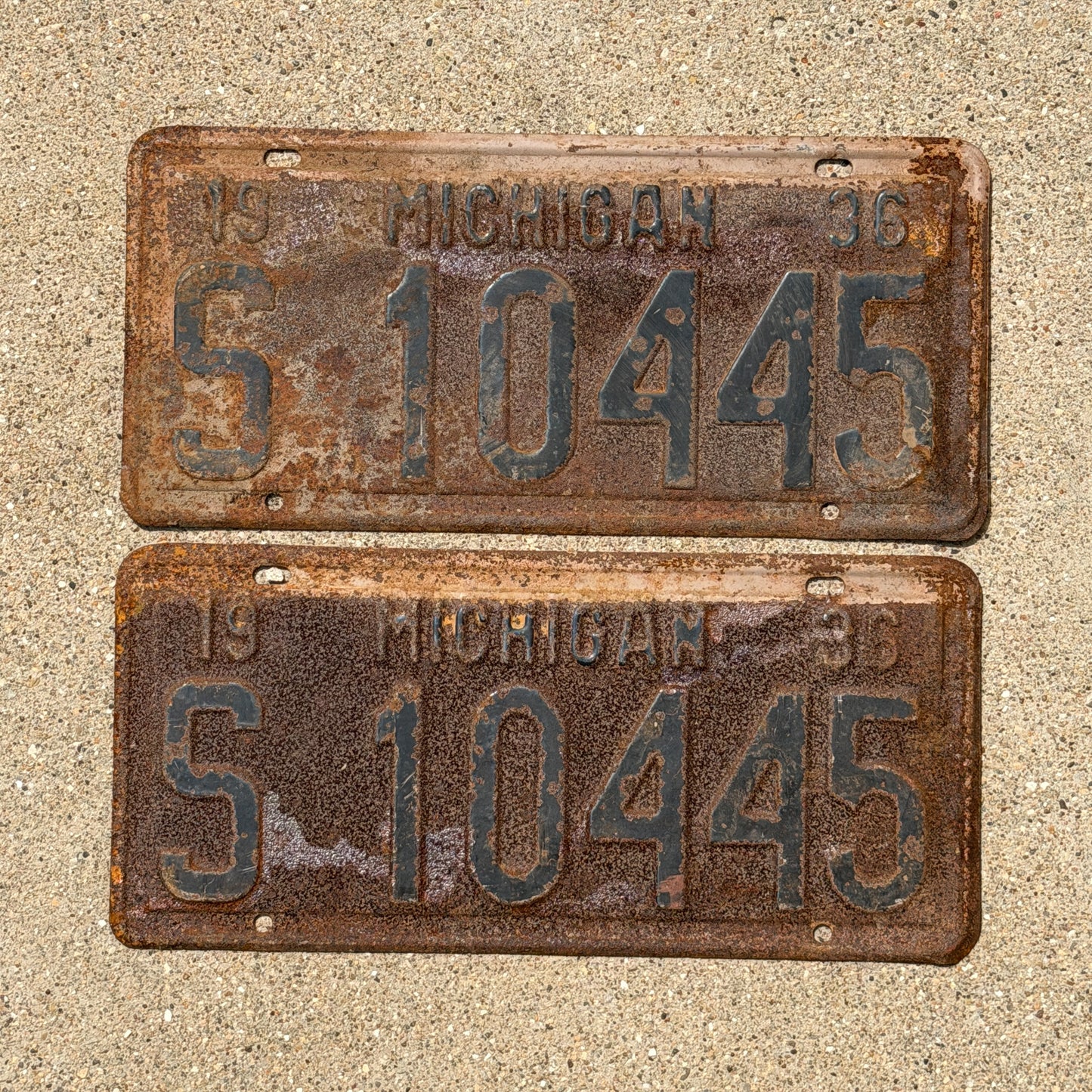 Photo of a 1936 Michigan License Plate Pair Auto Tag Garage Decor Vintage S 10445 with original patina