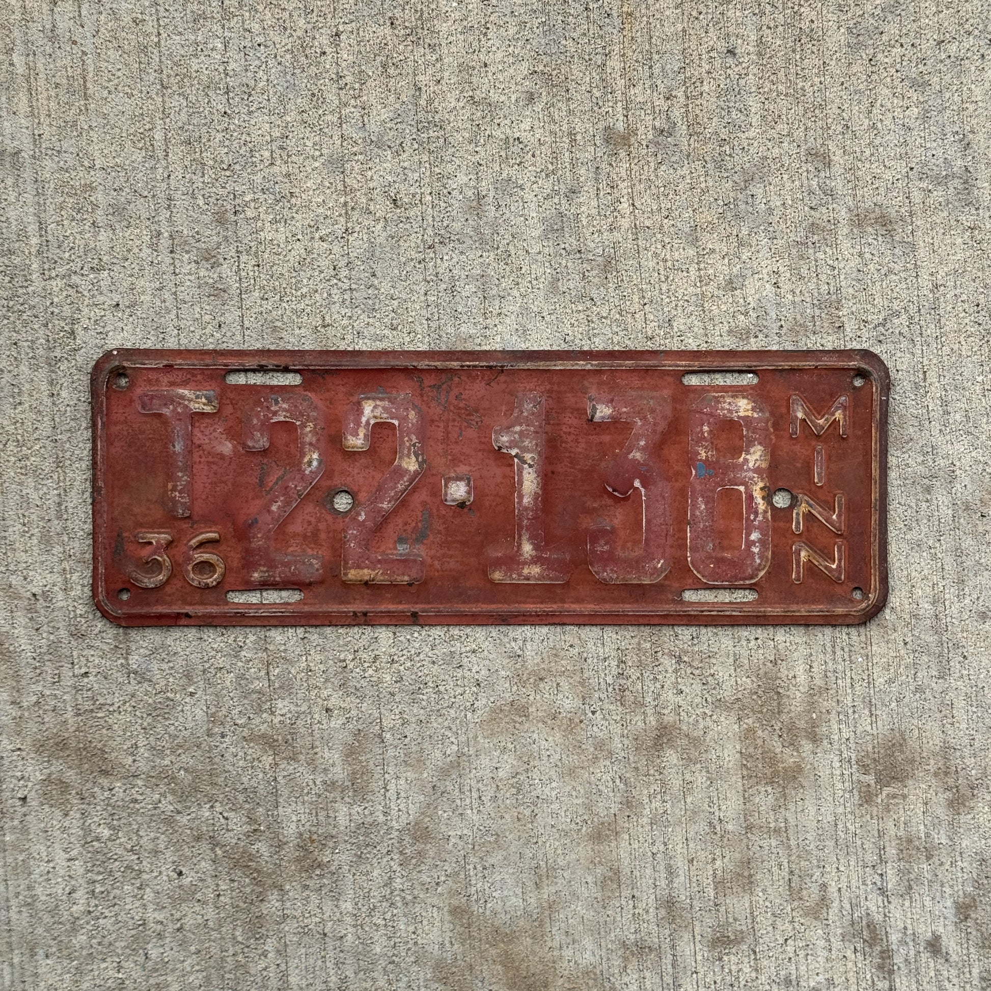 Photo of a 1936 Minnesota Farm Truck License Plate Auto Tag Garage Decor Vintage T 22 138 with original patina