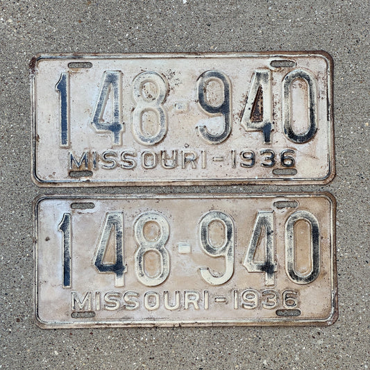 Photo of a 1936 Missouri License Plate Pair Auto Tag Garage Decor Vintage 148 940
