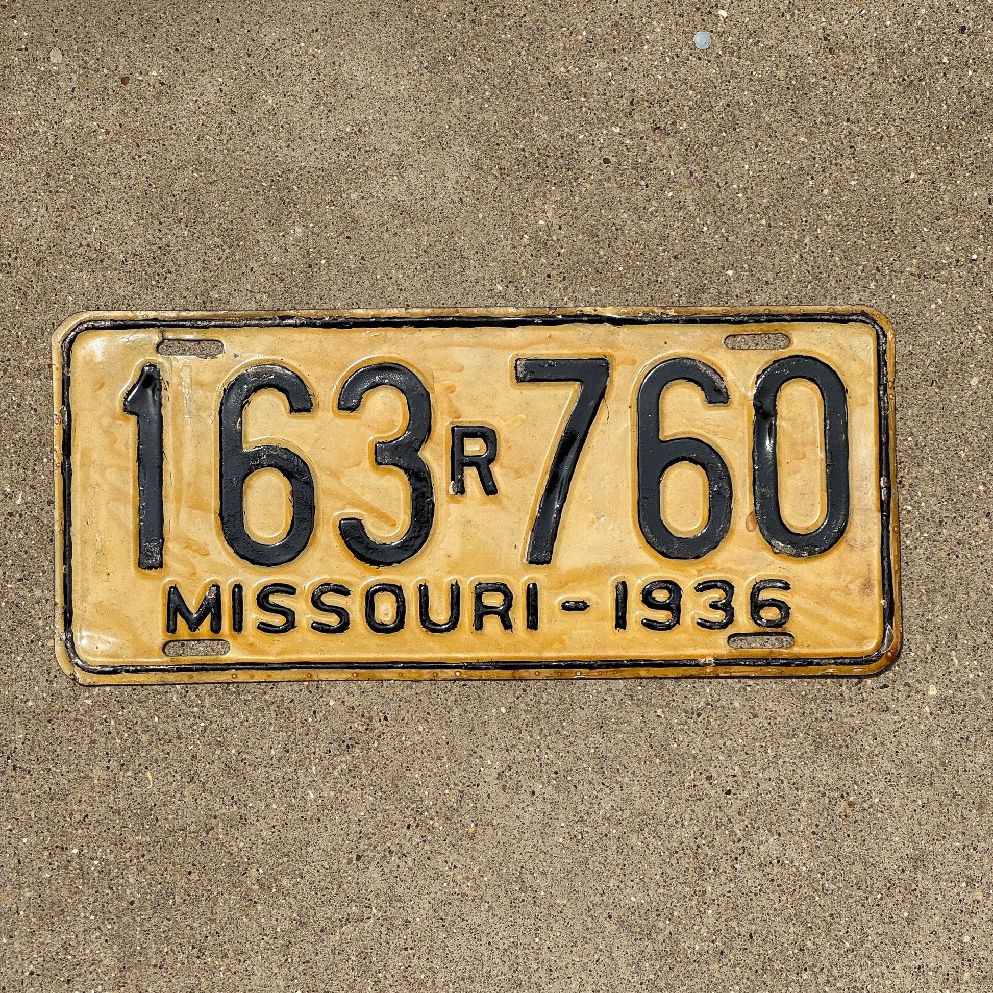 Photo of a 1936 Missouri Replacement License Plate Auto Tag Garage Decor Vintage 163 R 760