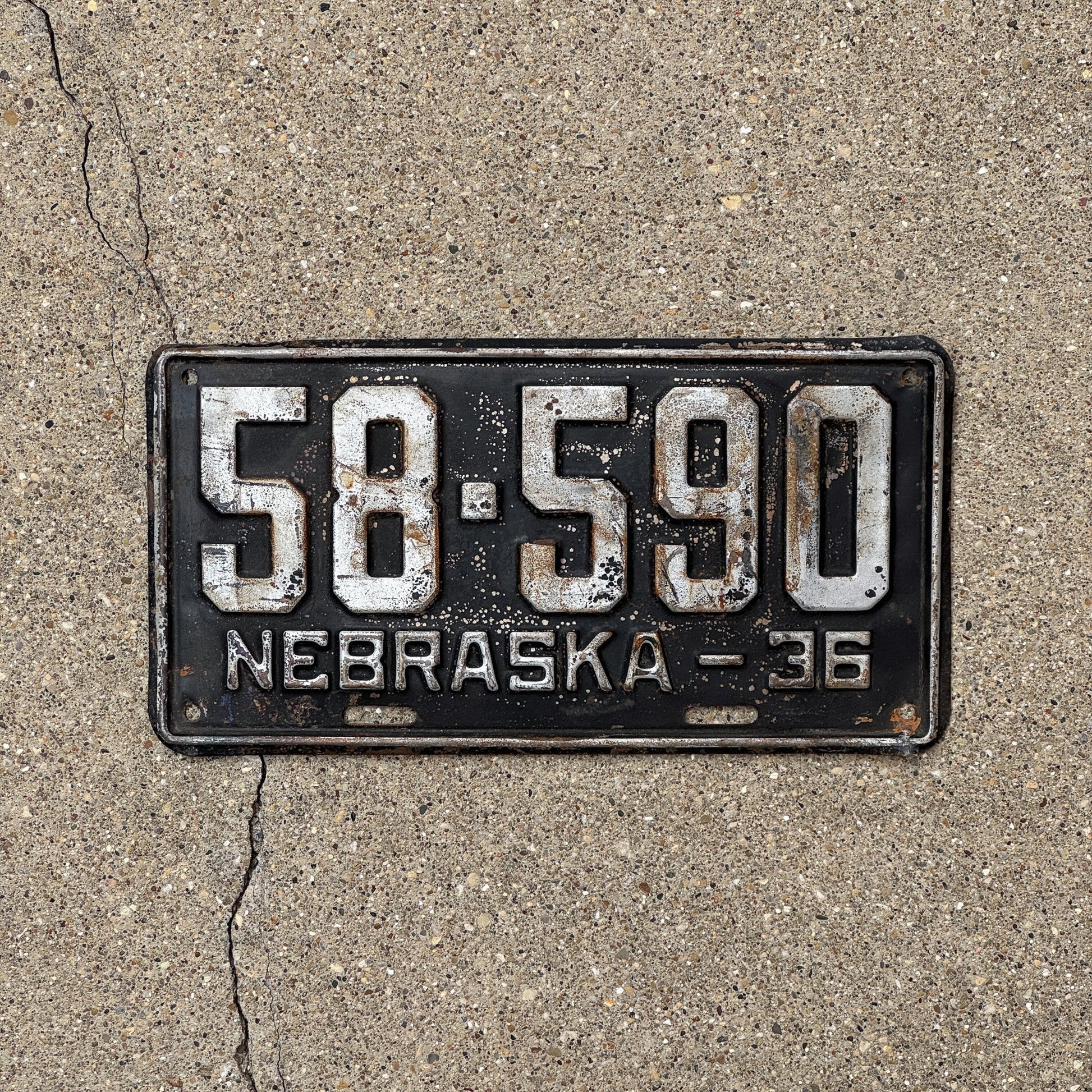 Photo of a 1936 Nebraska License Plate Auto Tag Garage Decor Vintage 58 590 with original patina