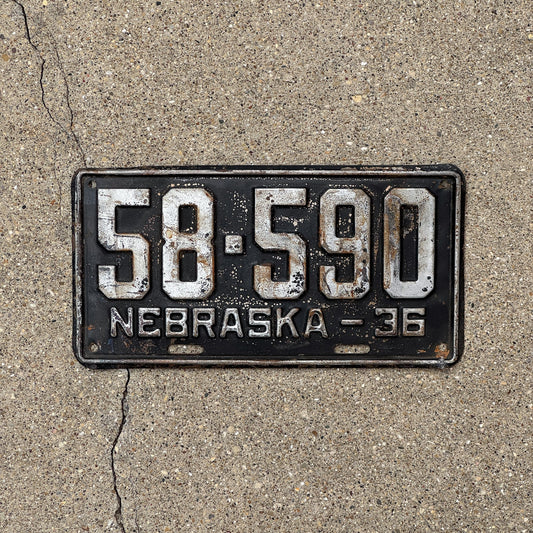 Photo of a 1936 Nebraska License Plate Auto Tag Garage Decor Vintage 58 590 with original patina