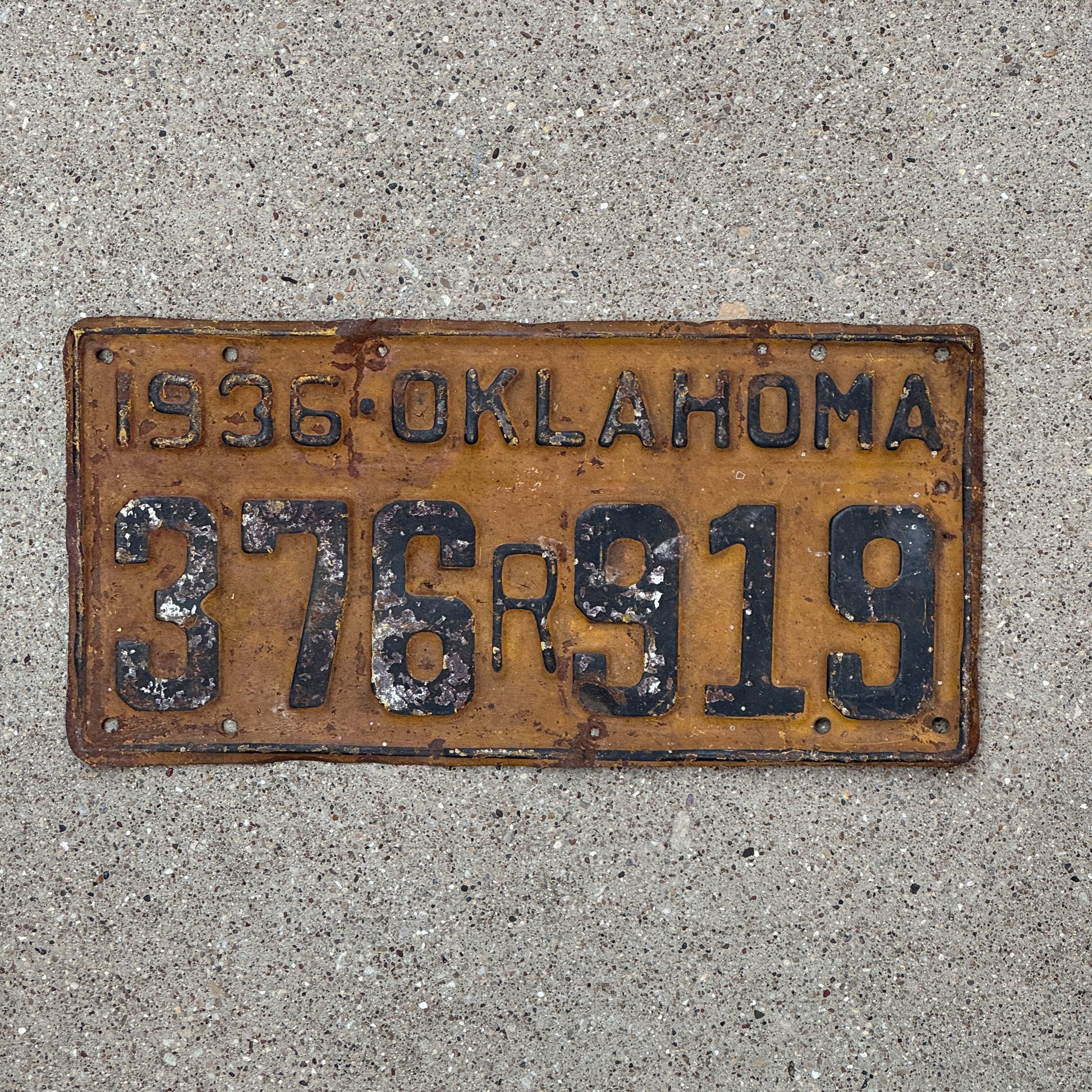 Photo of a 1936 Oklahoma License Plate Auto Tag Garage Decor Vintage Rear 376 R 919