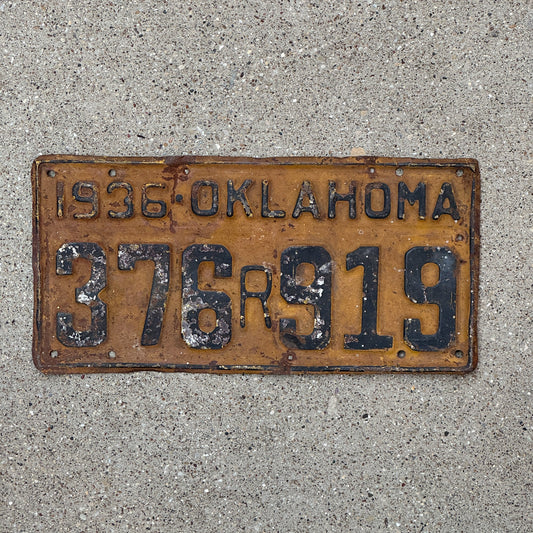 Photo of a 1936 Oklahoma License Plate Auto Tag Garage Decor Vintage Rear 376 R 919