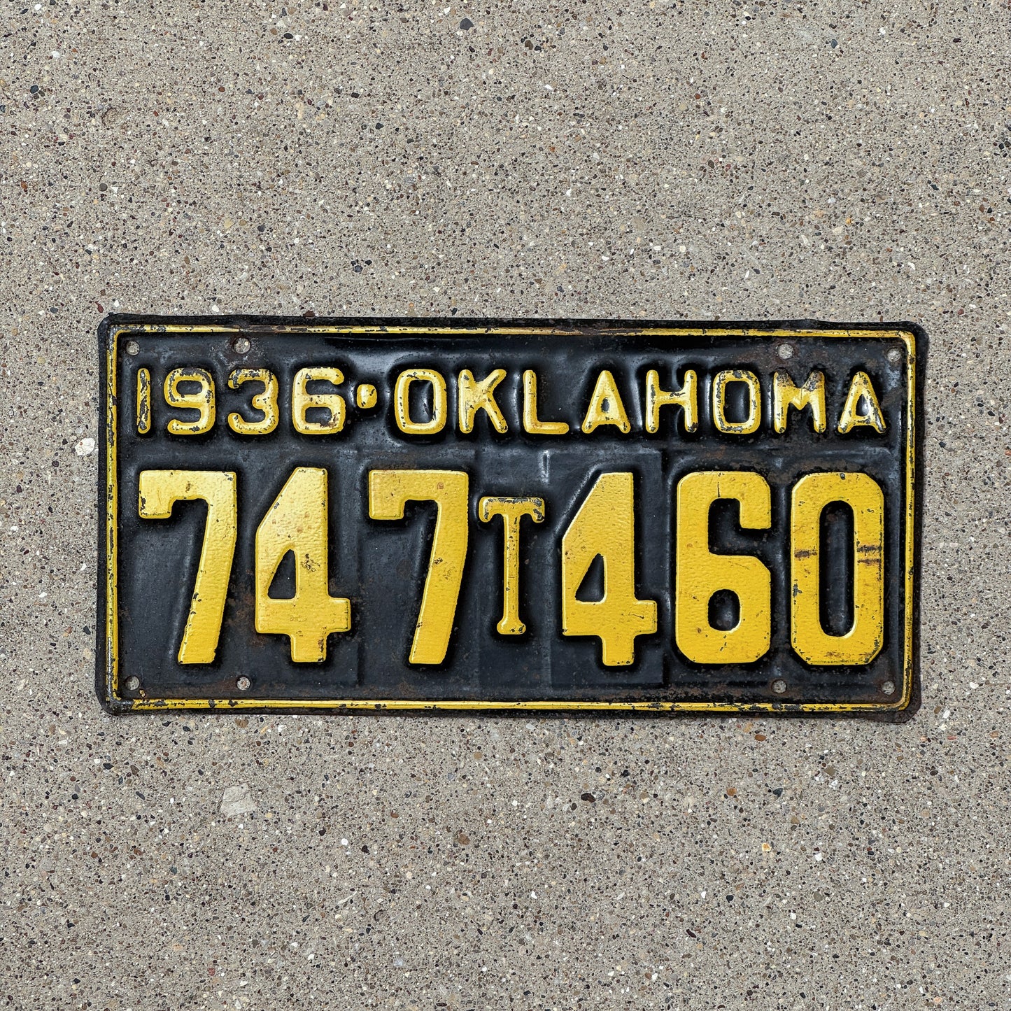 Photo of a 1936 Oklahoma Truck License Plate Auto Tag Garage Decor Vintage 747 T 460 with original patina