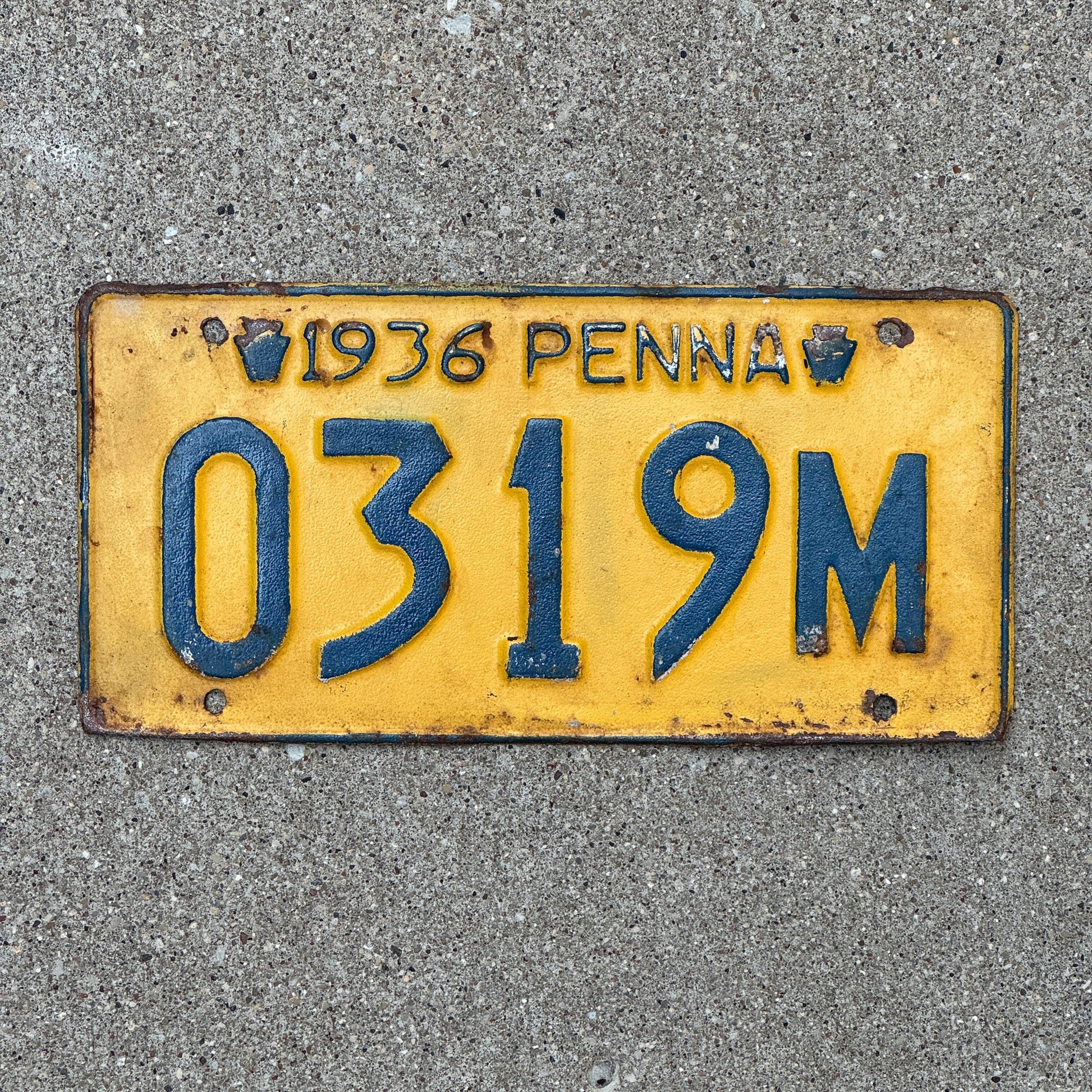 Photo of a 1936 Pennsylvania License Plate Auto Tag Garage Decor Vintage 0319 M with original patina