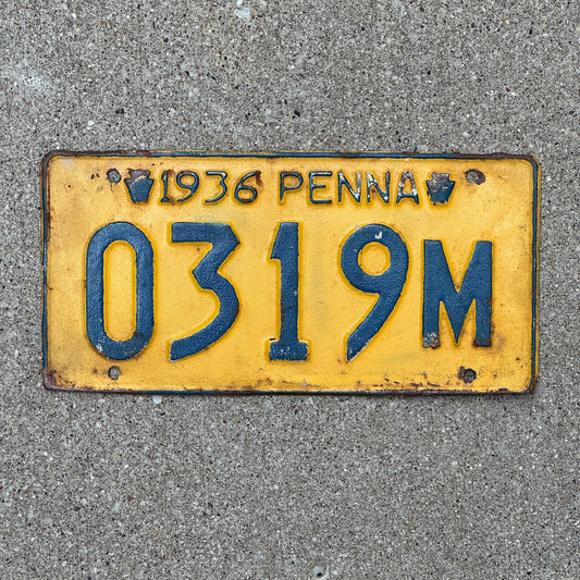 Photo of a 1936 Pennsylvania License Plate Auto Tag Garage Decor Vintage 0319 M with original patina