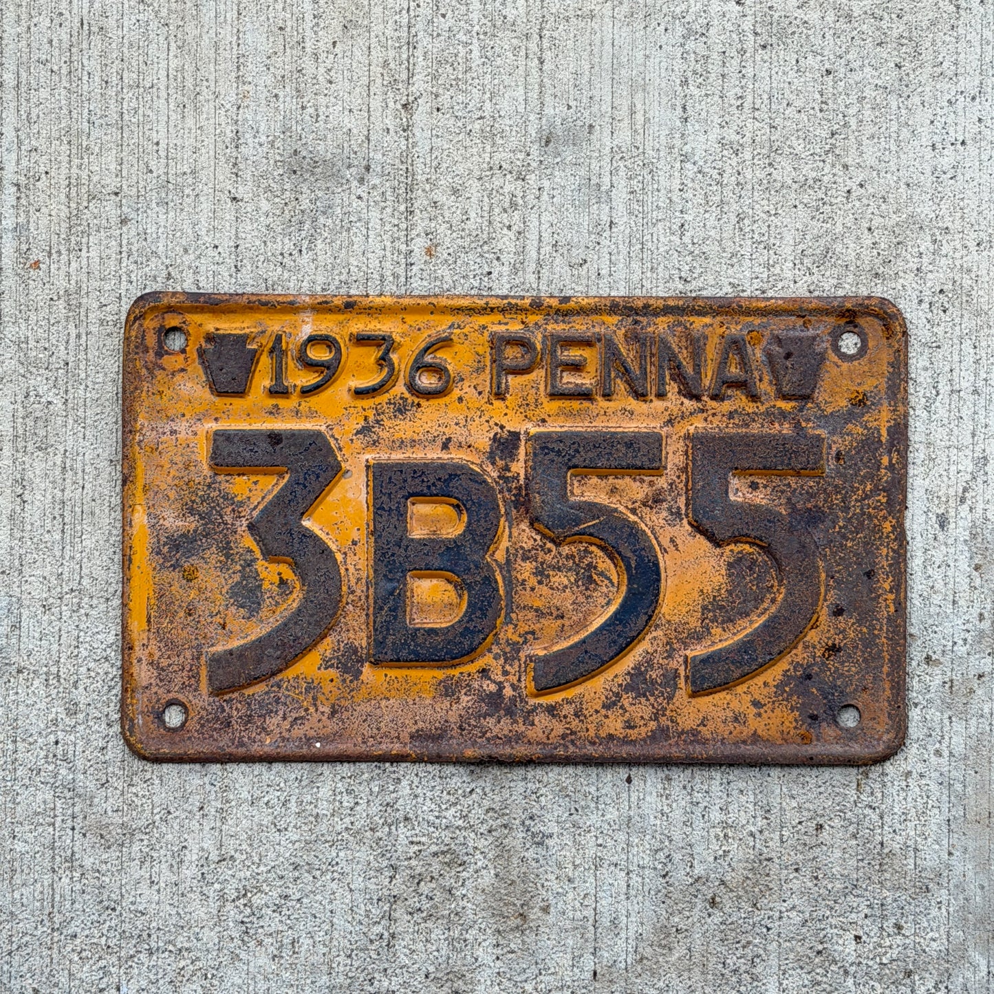 Photo of a 1936 Pennsylvania License Plate Auto Tag Garage Decor Vintage 3B55 with original patina