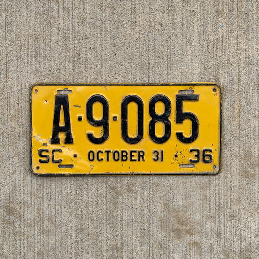 Photo of a 1936 South Carolina License Plate Auto Tag Garage Decor Vintage A Block Early Issue A 9 085 with original patina