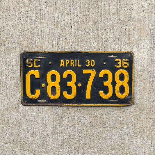 Photo of a 1936 South Carolina License Plate Auto Tag Garage Decor Vintage Half Year C 83 738 with original patina
