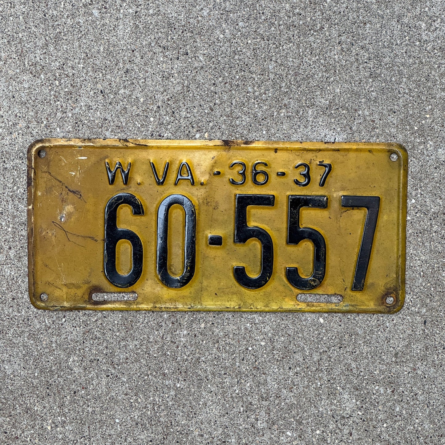 Photo of a 1936 West Virginia License Plate Auto Tag Garage Decor Vintage 60 557 with original patina