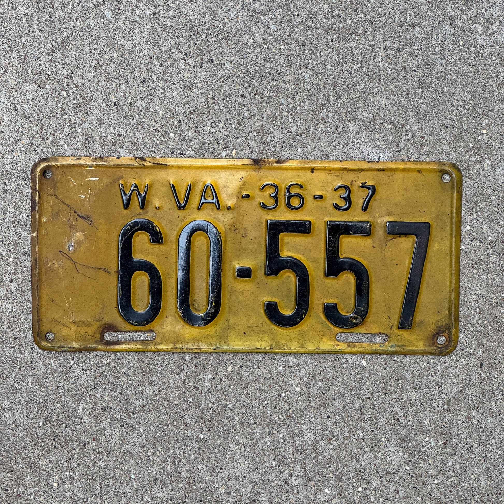 Photo of a 1936 West Virginia License Plate Auto Tag Garage Decor Vintage 60 557 with original patina