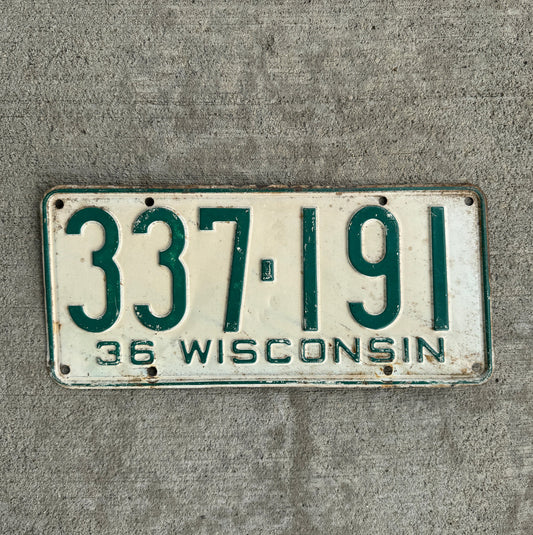 Photo of a 1936 Wisconsin License Plate Auto Tag Garage Decor Vintage 337 191 with original patina