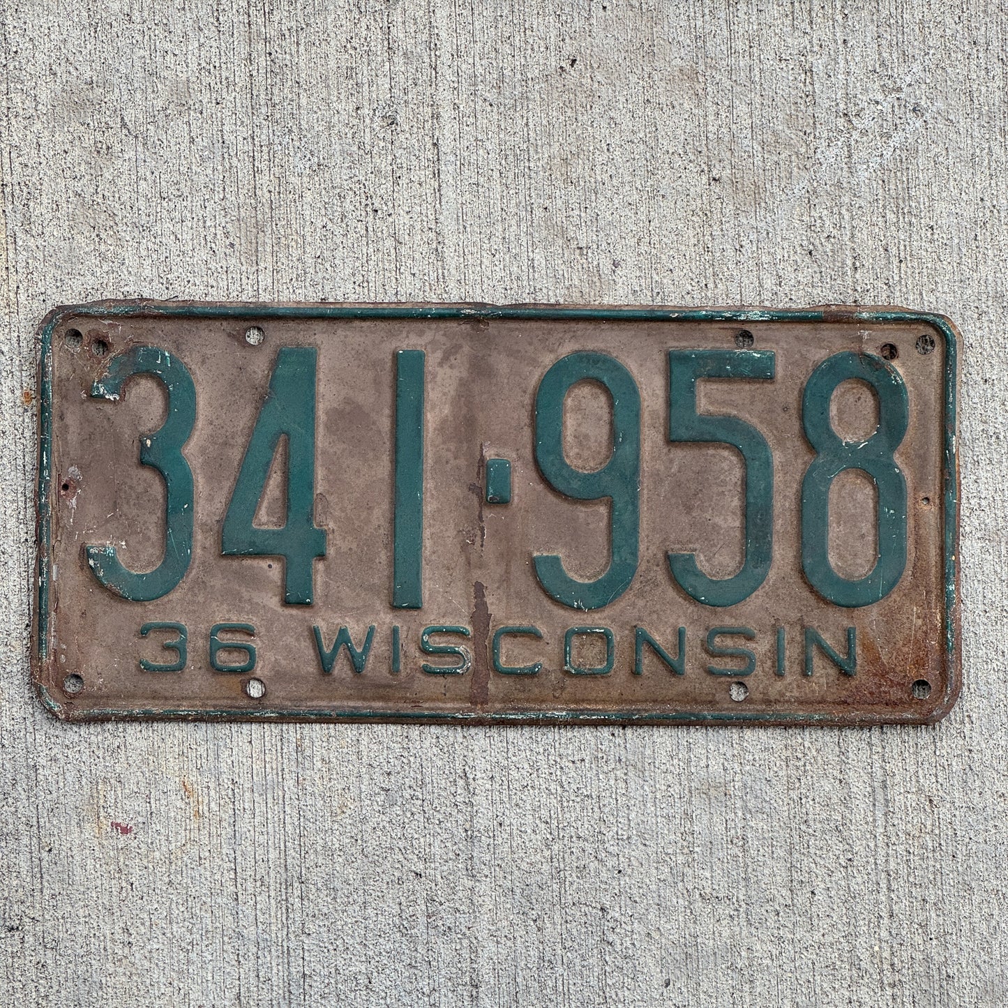 Photo of a 1936 Wisconsin License Plate Auto Tag Garage Decor Vintage 341 958 with original patina