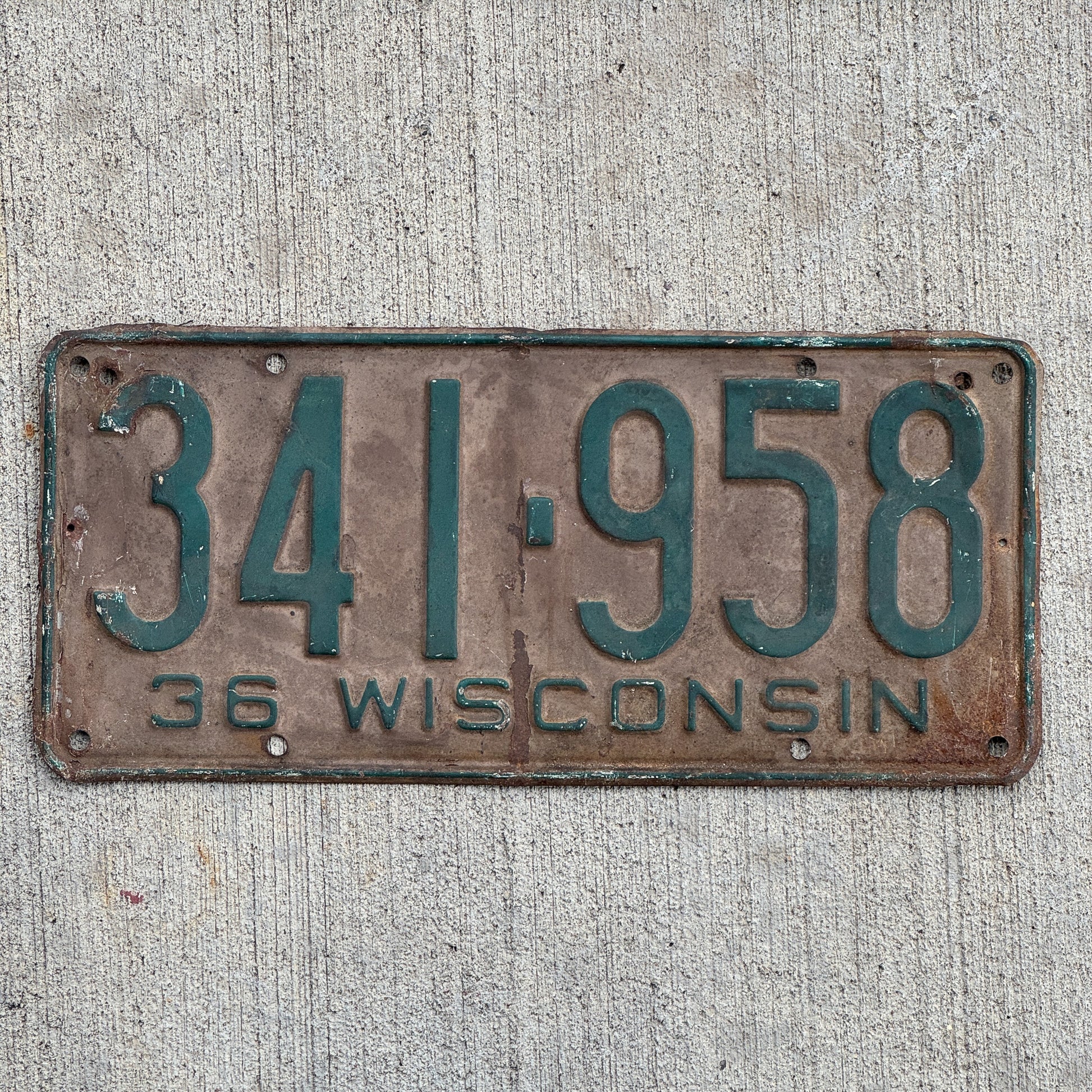 Photo of a 1936 Wisconsin License Plate Auto Tag Garage Decor Vintage 341 958 with original patina