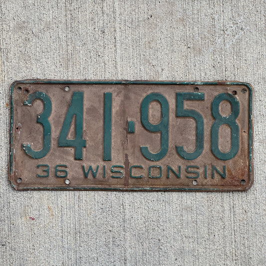 Photo of a 1936 Wisconsin License Plate Auto Tag Garage Decor Vintage 341 958 with original patina