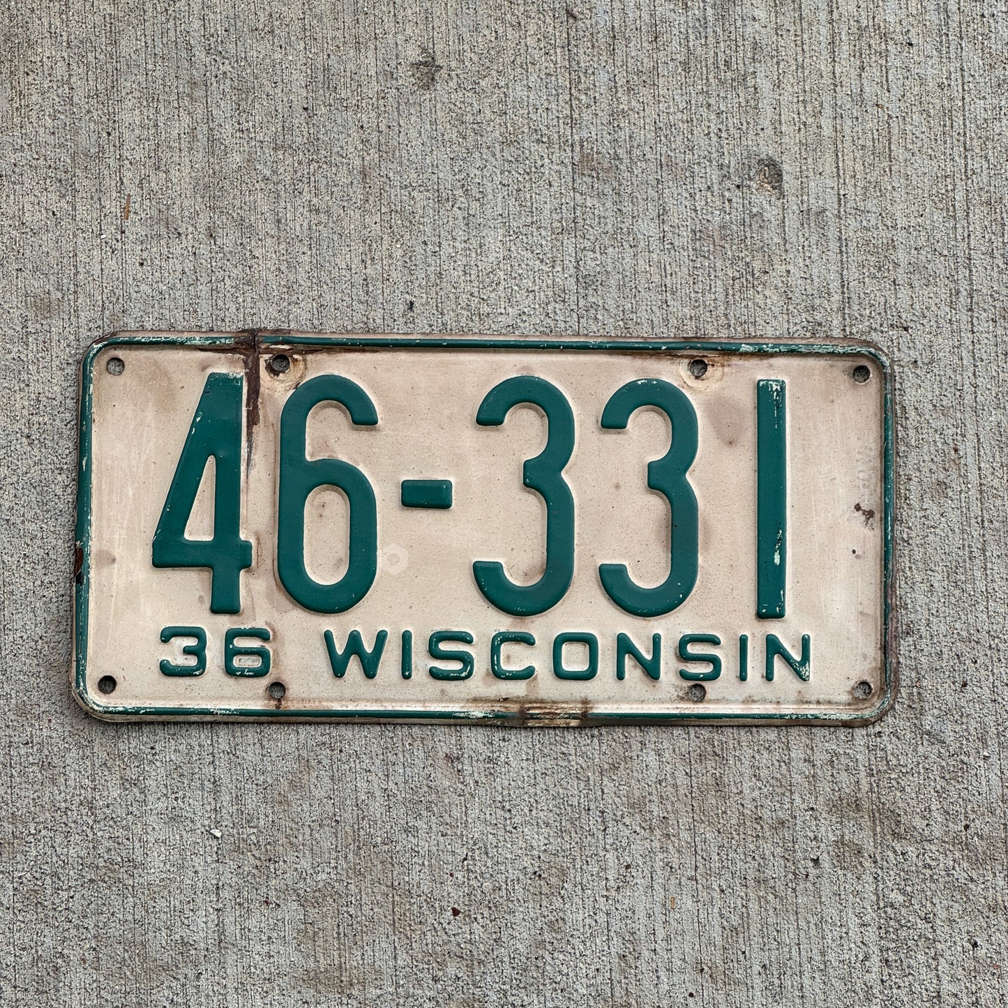 Photo of a 1936 Wisconsin License Plate Auto Tag Garage Decor Vintage 46 331 with original patina