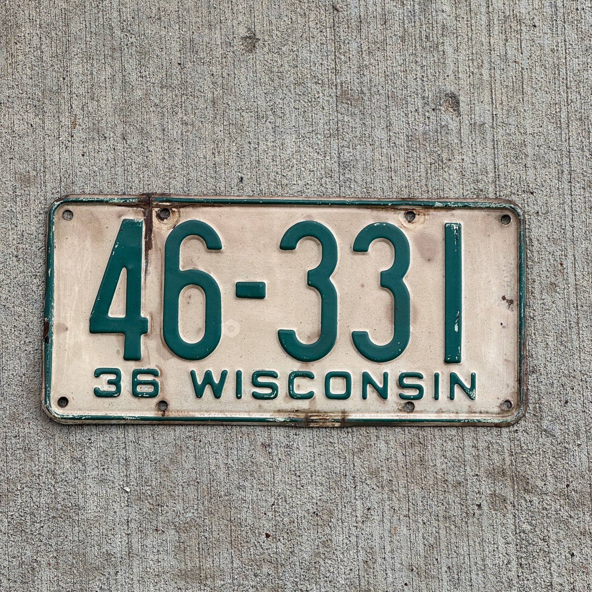 Photo of a 1936 Wisconsin License Plate Auto Tag Garage Decor Vintage 46 331 with original patina