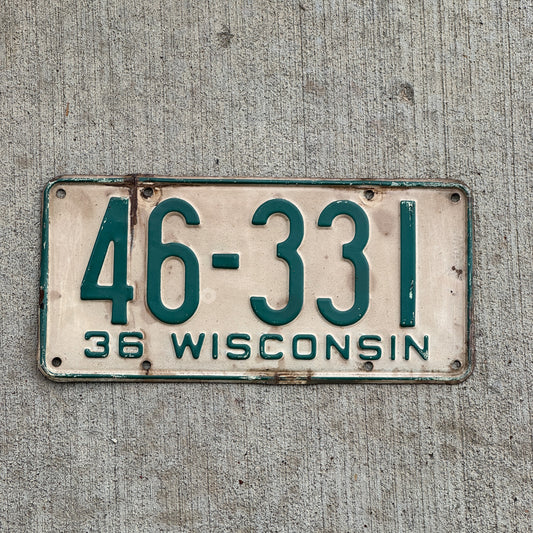 Photo of a 1936 Wisconsin License Plate Auto Tag Garage Decor Vintage 46 331 with original patina