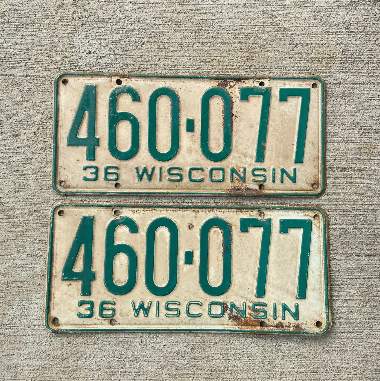 Photo of a 1936 Wisconsin License Plate Pair Auto Tag Garage Decor Vintage 460 077 with original patina