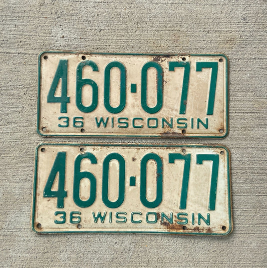Photo of a 1936 Wisconsin License Plate Pair Auto Tag Garage Decor Vintage 460 077 with original patina