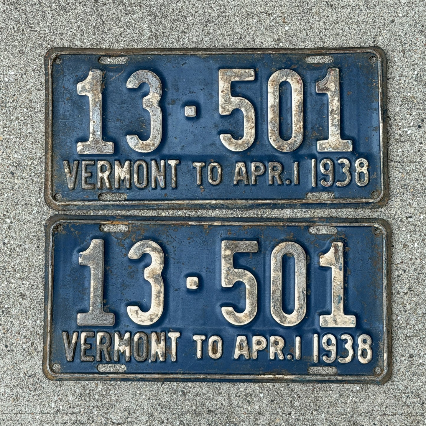Photo of a 1937 1938 Vermont License Plate Pair Auto Tag Garage Decor Vintage 13 501 with original patina