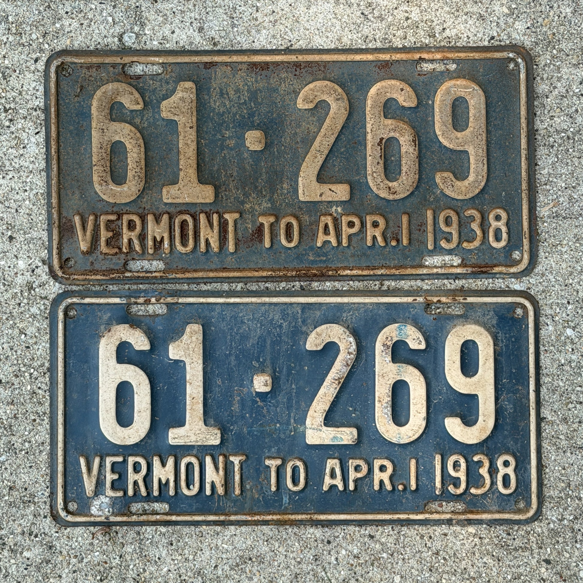 Photo of a 1937 1938 Vermont License Plate Pair Auto Tag Garage Decor Vintage 61 269 with original patina