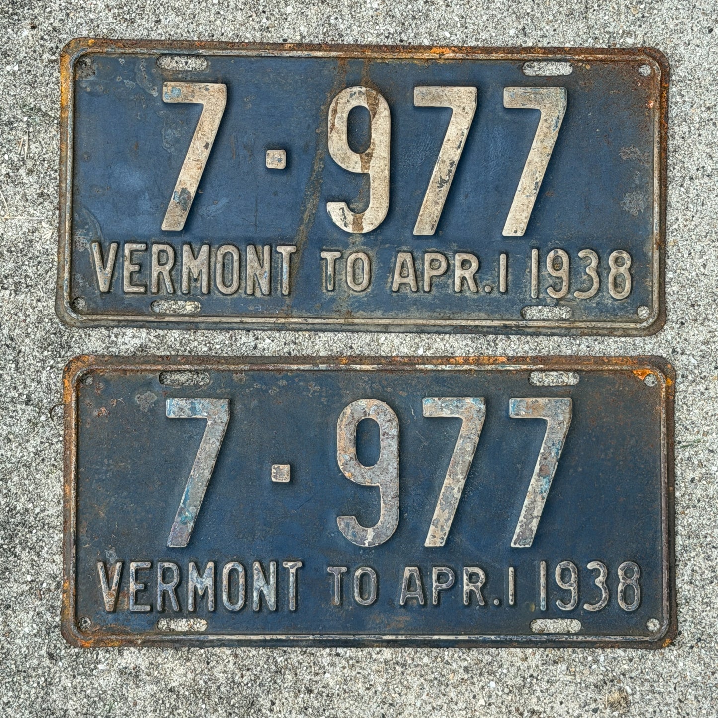 Photo of a 1937 1938 Vermont License Plate Pair Auto Tag Garage Decor Vintage Low Number Four Digit 7 977 with original patina