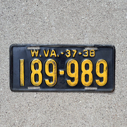 Photo of a 1937 1938 West Virginia License Plate Auto Tag Garage Decor Vintage 189 989 with original patina