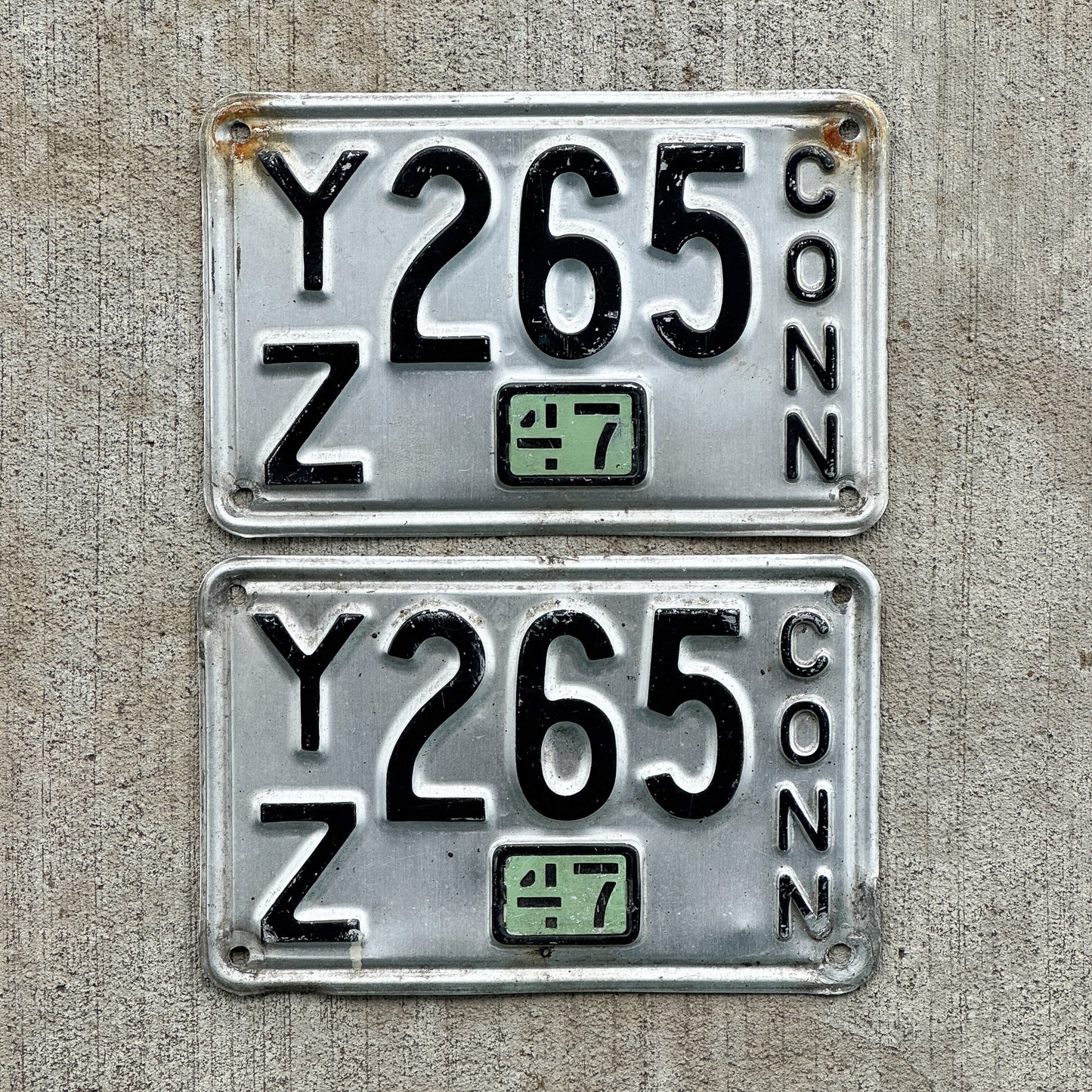 Photo of a 1937 1947 Connecticut License Plate Pair Auto Tag Garage Decor Vintage YZ 265 with original patina
