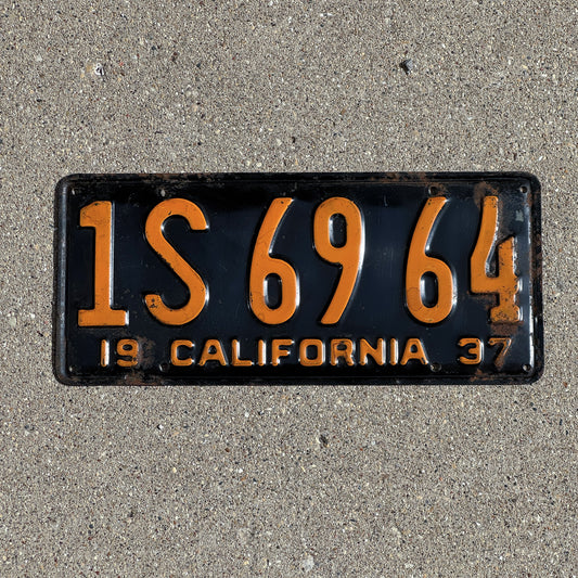 Photo of a 1937 California License Plate Auto Tag Garage Decor Vintage 1S 69 64 with original patina