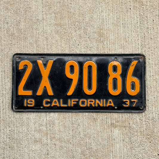 Photo of a 1937 California License Plate Auto Tag Garage Decor Vintage 2X 90 86 with original patina