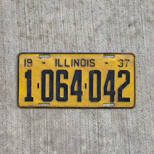 Photo of a 1937 Illinois License Plate Auto Tag Garage Decor Vintage 1 064 042 with original patina