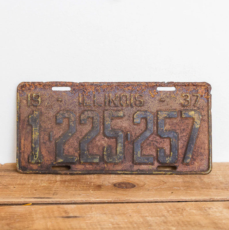 Photo of a 1937 Illinois License Plate Auto Tag Garage Decor Vintage 1 225 257 with original patina