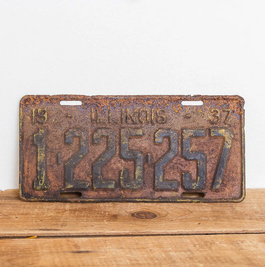 Photo of a 1937 Illinois License Plate Auto Tag Garage Decor Vintage 1 225 257 with original patina