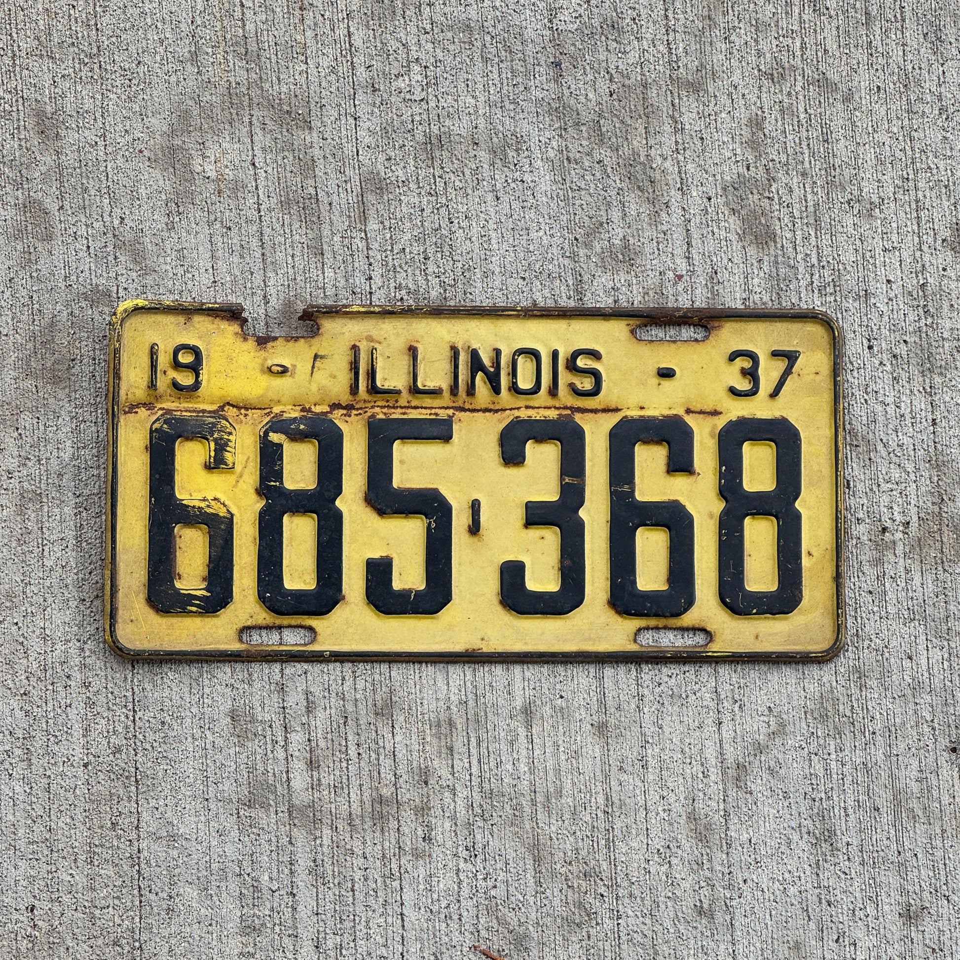 Photo of a 1937 Illinois License Plate Auto Tag Garage Decor Vintage 685 368 with original patina