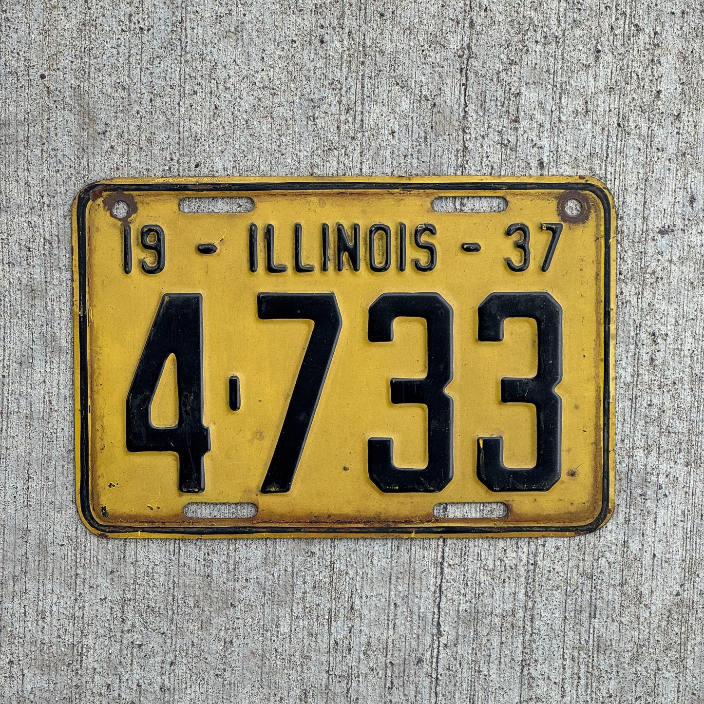 Photo of a 1937 Illinois License Plate Auto Tag Garage Decor Vintage Low Number Four Digit 4733 with original patina