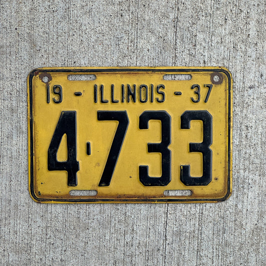 Photo of a 1937 Illinois License Plate Auto Tag Garage Decor Vintage Low Number Four Digit 4733 with original patina