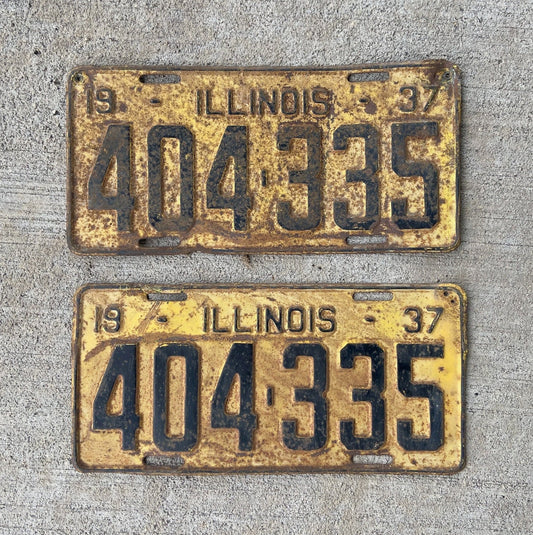Photo of a 1937 Illinois License Plate Pair Auto Tag Garage Decor Vintage 404335 with original patina
