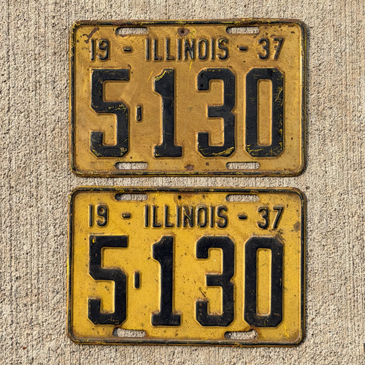 Photo of a 1937 Illinois License Plate Pair Auto Tag Garage Decor Vintage Low Number Four Digit 5130 with original patina