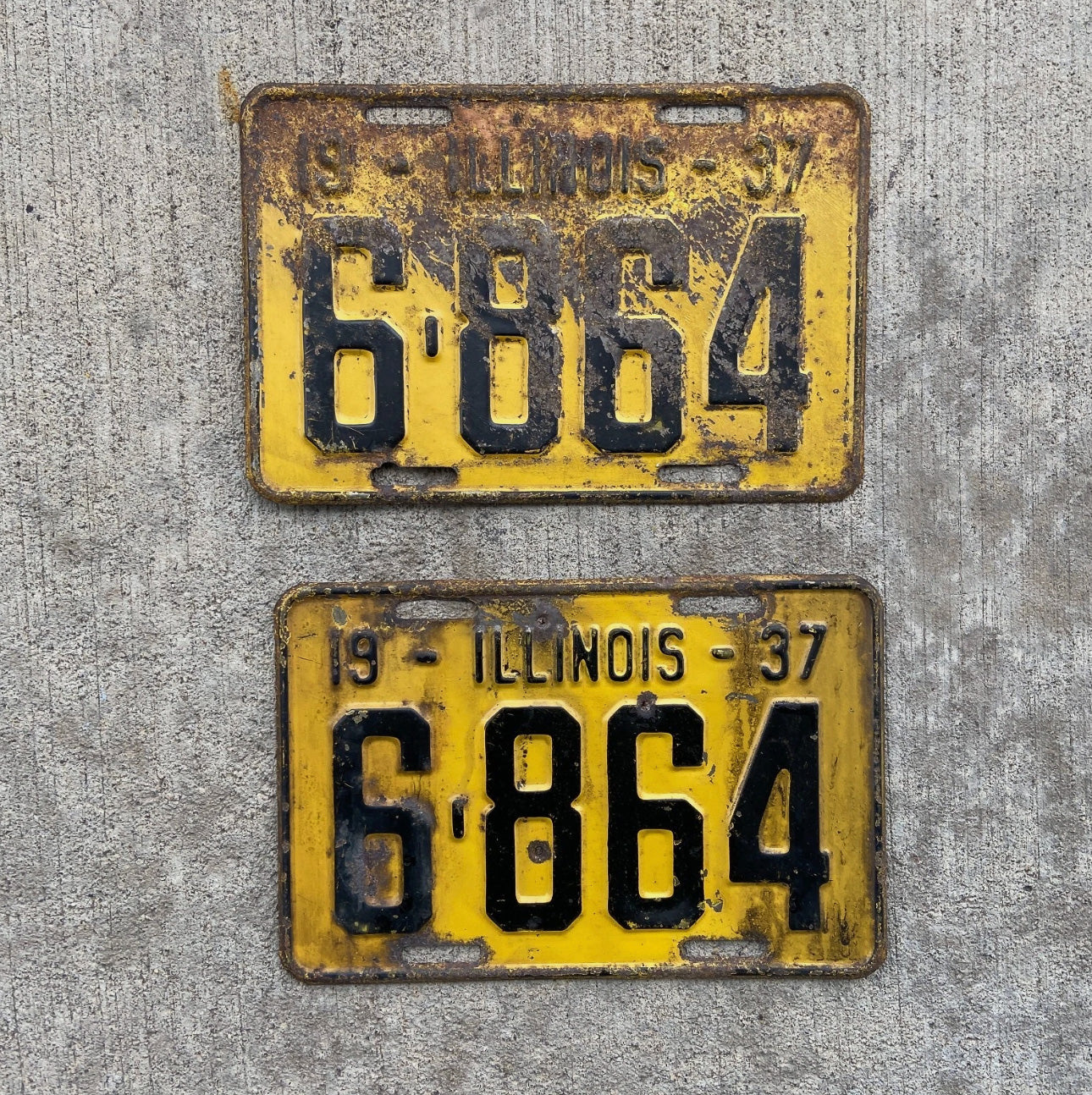 Photo of a 1937 Illinois License Plate Pair Auto Tag Garage Decor Vintage Low Number Four Digit 6864 with original patina