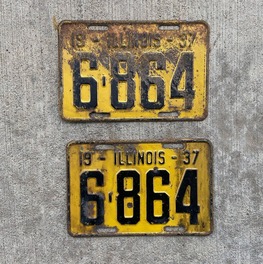 Photo of a 1937 Illinois License Plate Pair Auto Tag Garage Decor Vintage Low Number Four Digit 6864 with original patina