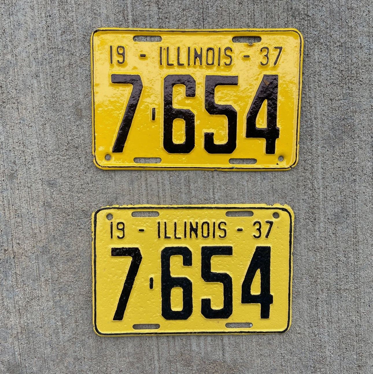 Photo of a 1937 Illinois License Plate Pair Auto Tag Garage Decor Vintage Low Number Four Digit 7654 with original patina