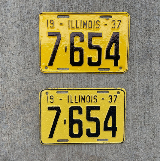 Photo of a 1937 Illinois License Plate Pair Auto Tag Garage Decor Vintage Low Number Four Digit 7654 with original patina