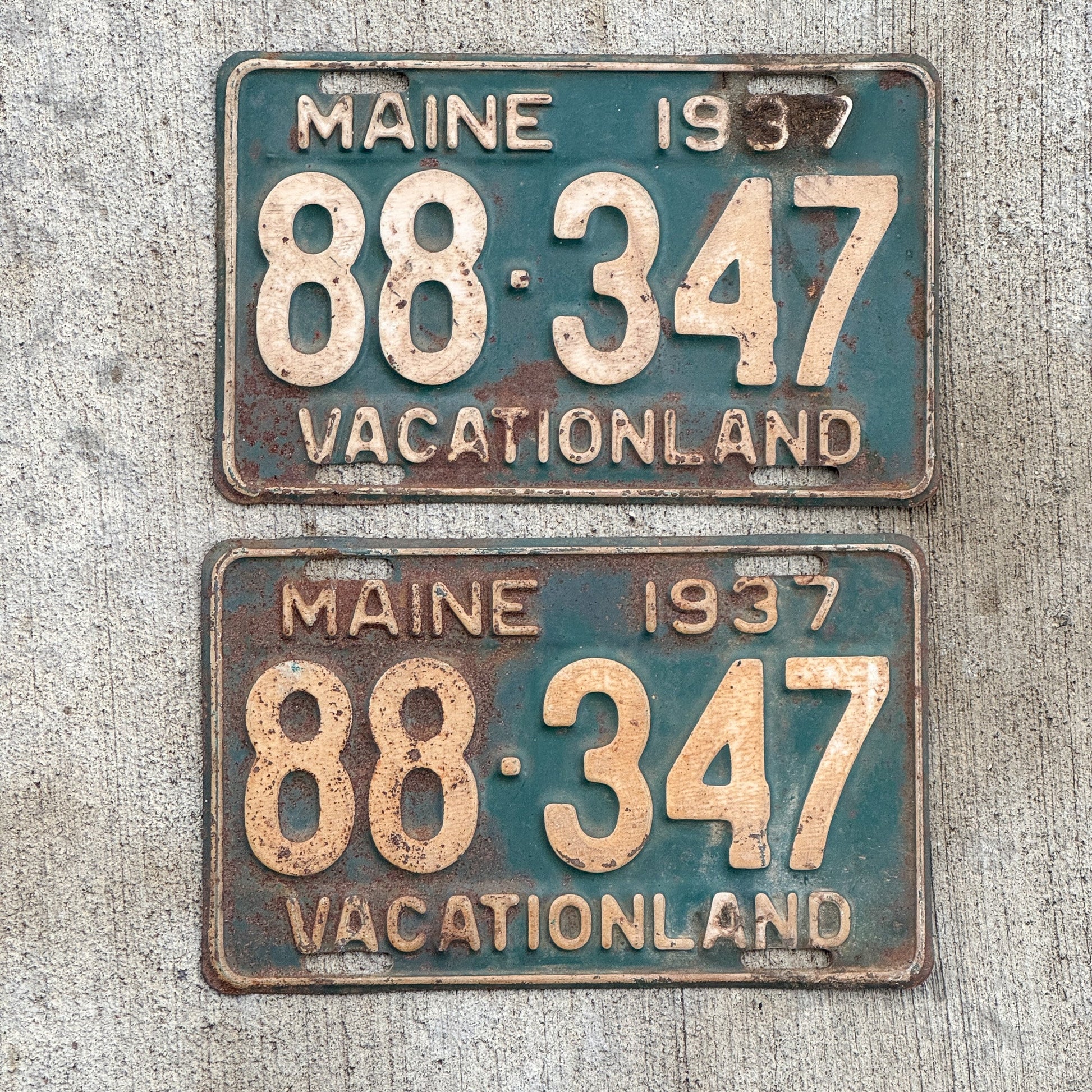 Photo of a 1937 Maine License Plate Pair Auto Tag Garage Decor Vintage 88 347 with original patina