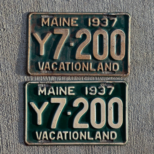 Photo of a 1937 Maine Truck License Plate Pair Auto Tag Garage Decor Vintage Y 7200 with original patina