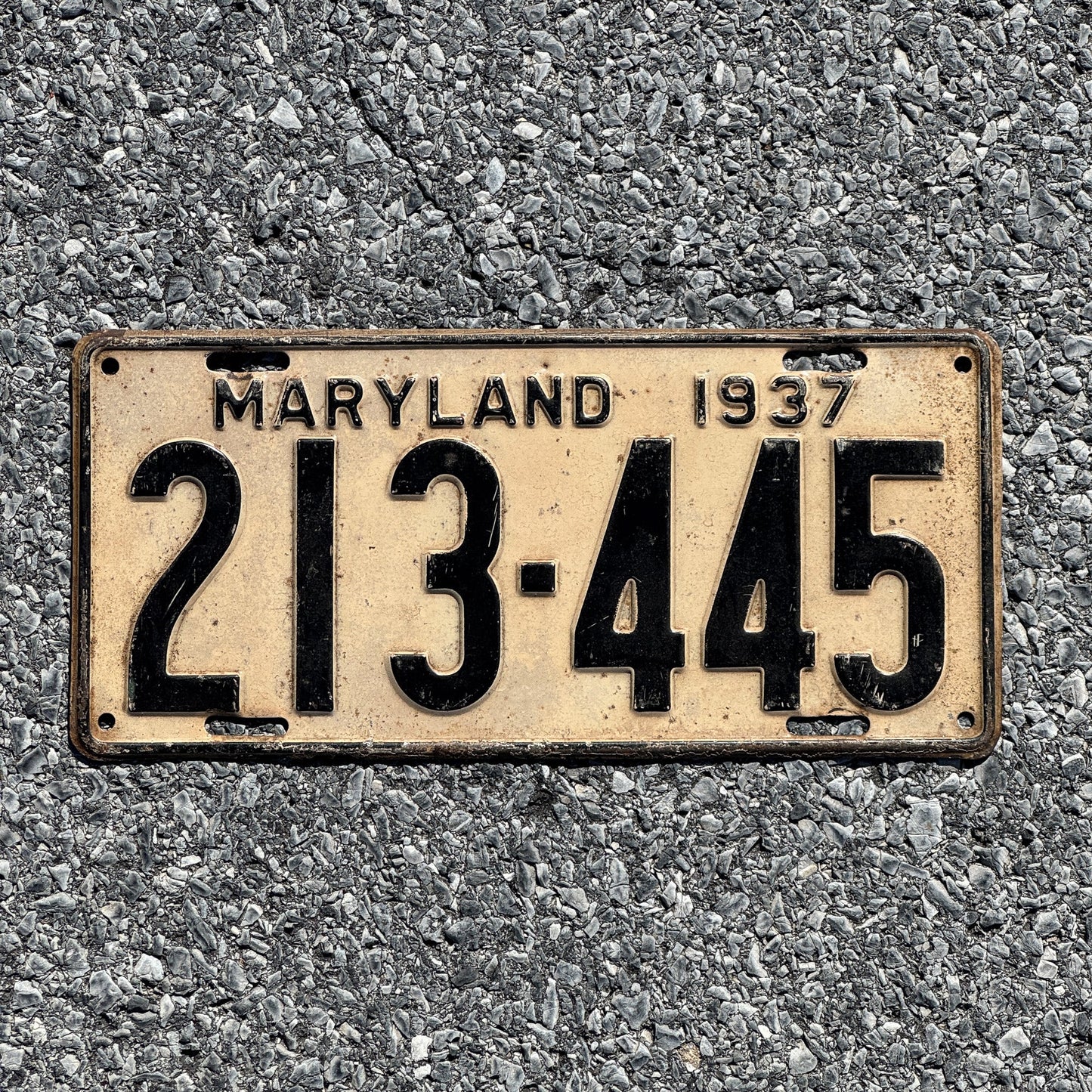Photo of a 1937 Maryland License Plate Auto Tag Garage Decor Vintage 213 445